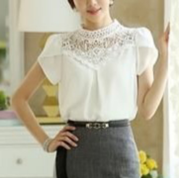 Suzy Shier Tops - New White Chiffon Lace Yoke Blouse
